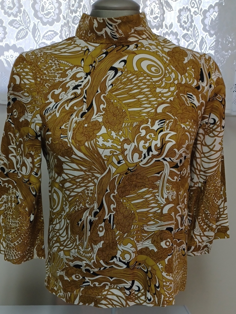 H&M Mustard Patterned Mock Neck BLOUSE
